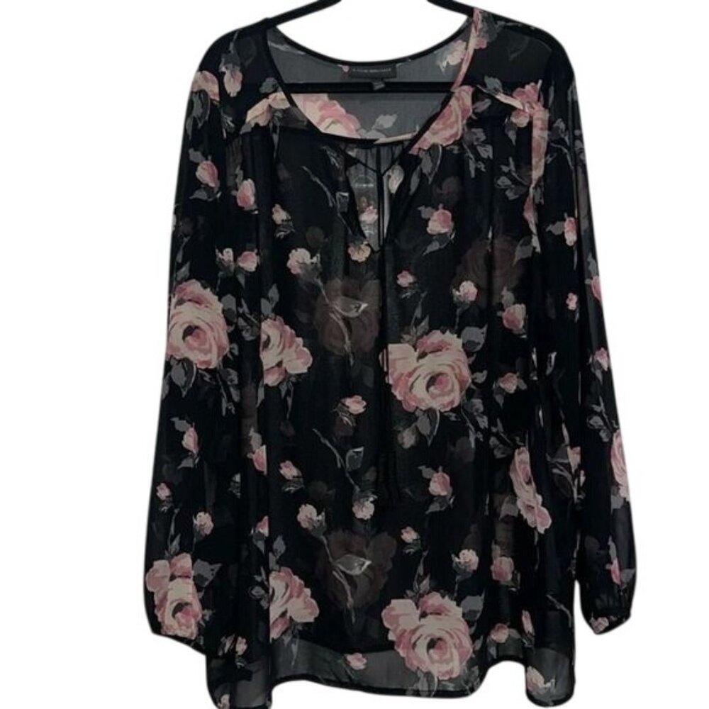 Lane Bryant Sheer Floral Long Sleeve Blouse Size 22/24 Black & Pink Roses Womens